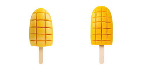 Two delicious mango ice popsicles, frozen fruit bars, summer treat, refreshing, sweet, dessert, yellow, wood stick transparent background