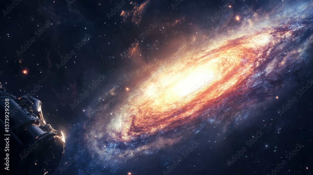 Poster a deep-space telescope capturing an ancient galaxy from the early universe, glowing with primordial 
