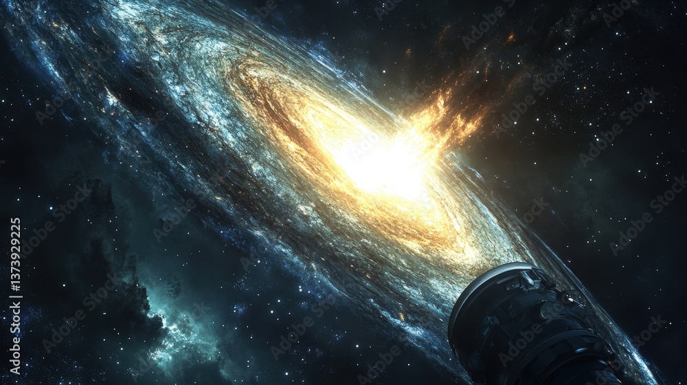 Poster a deep-space telescope capturing an ancient galaxy from the early universe, glowing with primordial 