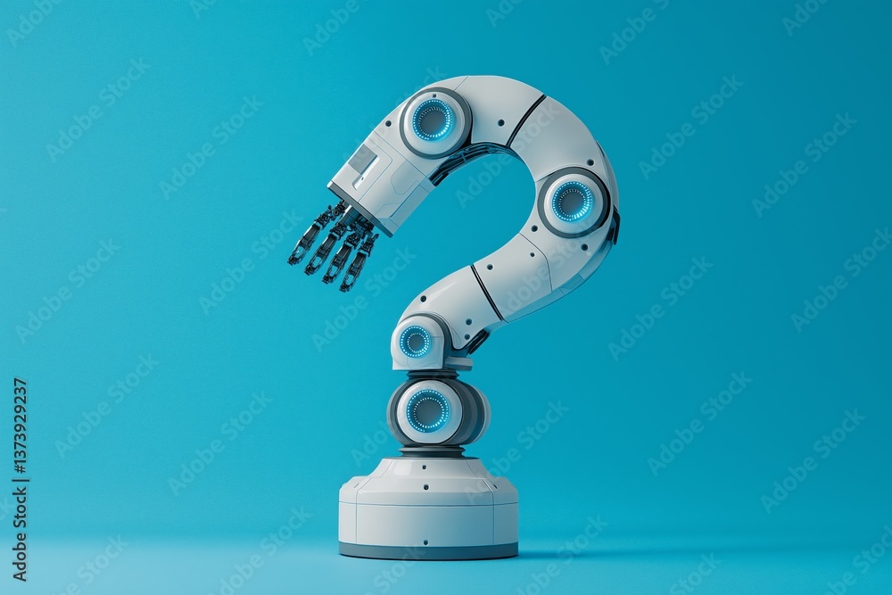 Poster robotic arm shaped like a question mark on blue background, symbolizing AI curiosity, machine learning and innovative technology in abstract concept, Generative AI