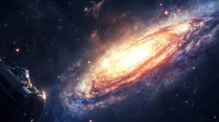 A deep-space telescope capturing an ancient galaxy from the early universe, glowing with primordial light.