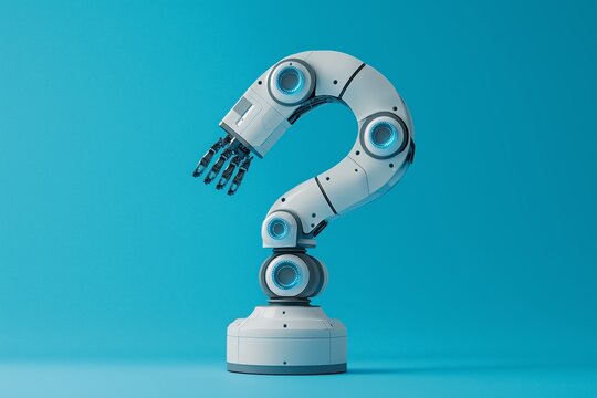 robotic arm shaped like a question mark on blue background, symbolizing AI curiosity, machine learning and innovative technology in abstract concept, Generative AI