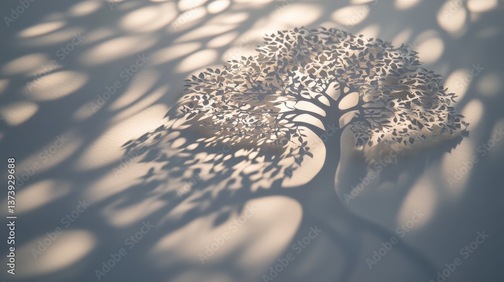Poster a delicate papercut design of a tree with intricate details, casting soft shadows on a surface.