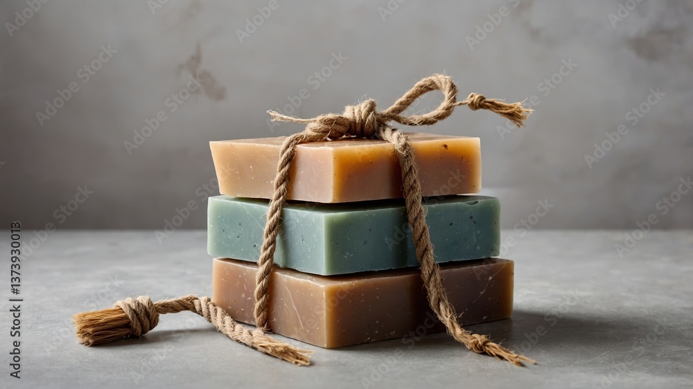 Poster handcrafted soap bars neatly tied with twine, showcasing natural colors and textures on a minimalist