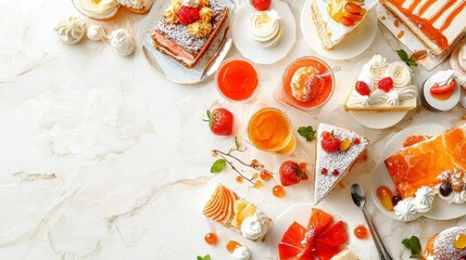 Obraz premium Delicious dessert display bakery food photography bright environment overhead view tempting treats
