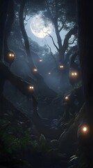 Fototapeta premium Enchanted Forest Under Moonlight: Mystical Adventure in Eerie Glow of Nature’s Nighttime Legends