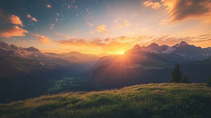 Fototapeta premium Sunset Mountain Valley Landscape, Alpine Glow, Starry Sky, Travel Poster