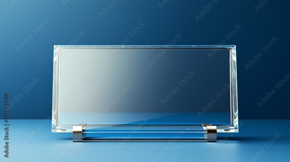 Poster horizontal glass plaque with transparent crystal design on blue background, representing modern awar