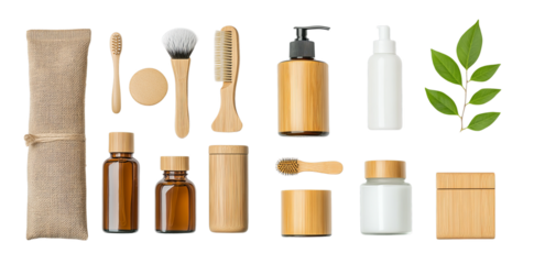 Eco friendly bamboo bathroom set with bottles, brush, comb, and leaves for sustainable living, organic style transparent background