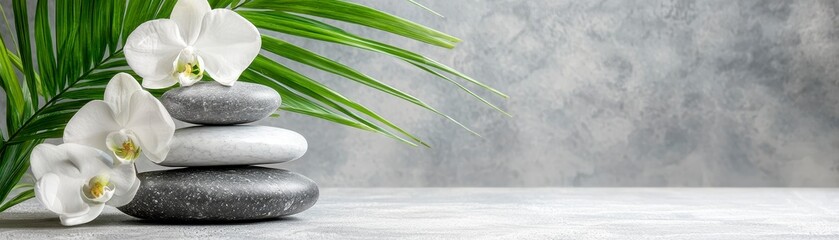 Fototapeta premium Relaxing zen garden scene with stones and orchids tranquil atmosphere nature photography indoor setting