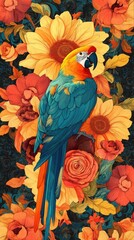 Fototapeta premium Vintage maximalist wallpaper with parrot art illustration flowers.