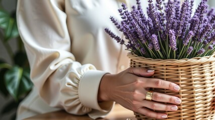 A woman is holding a basket of lavender flowers. The flowers are purple and the basket is made of wicker. The woman is wearing a white shirt and has her hand on the basket