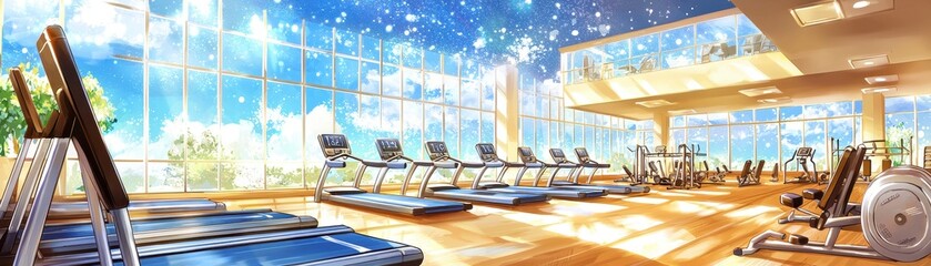 Energetic workout session fitness studio digital artwork bright interior wide angle wellness and fitness concept