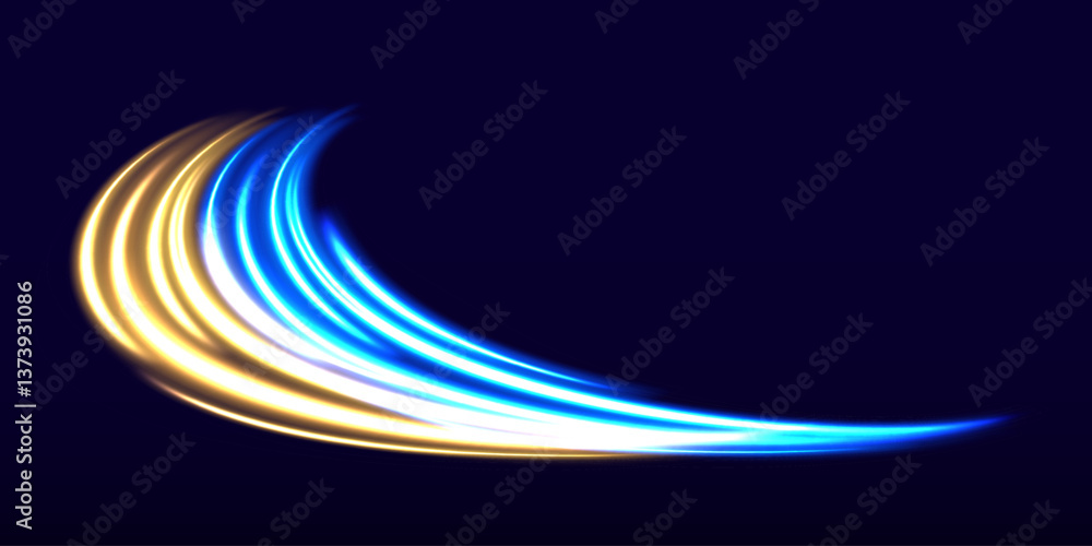 Poster Light line neon swirl effect. Vector glitter light fire flare trace. Bokeh blue light glitter round wave line with sparkling particles. Abstract neon color glowing lines background.