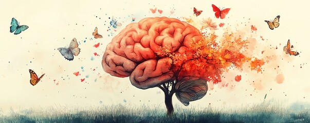 A calming watercolor artwork of a human brain with a tree growing flowers and butterflies, representing mental health, hope, and positive thinking for women