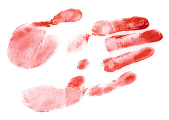 Bloody human palm print isolated on white background. Flowing blood stains, splashes and drops....