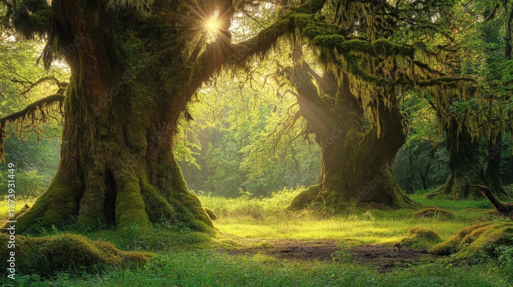 Poster a dense, ancient forest with massive trees covered in moss, creating a mystical atmosphere.