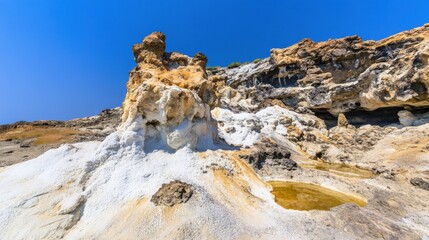 Breathtaking volcanic rock formation with natural salt deposits under clear blue sky