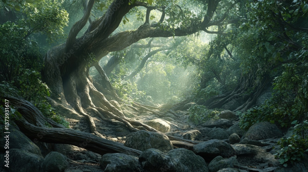 Poster a dense jungle with massive tree roots twisting over rocks and fallen logs.