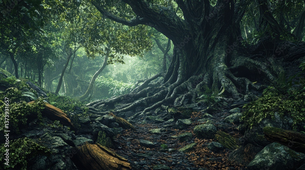 Poster a dense jungle with massive tree roots twisting over rocks and fallen logs.