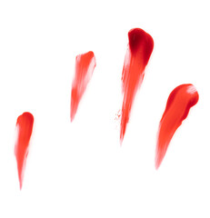 Bloody smudged fingerprints isolated on white background. Flowing bloody stains, splashes and...