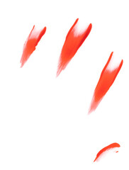 Bloody smudged fingerprints isolated on white background. Flowing bloody stains, splashes and...