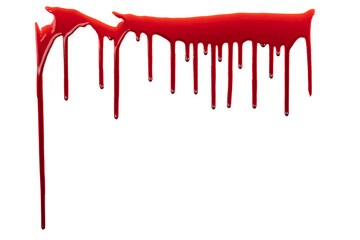 Dripping blood isolated on white background. Flowing bloody stains, splashes and drops. Trail and...