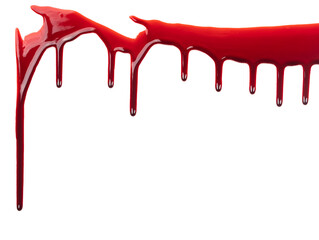 Dripping blood isolated on white background. Flowing bloody stains, splashes and drops. Trail and drips red blood close up