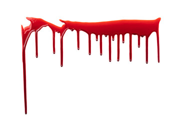 Dripping blood isolated on white background. Flowing bloody stains, splashes and drops. Trail and...