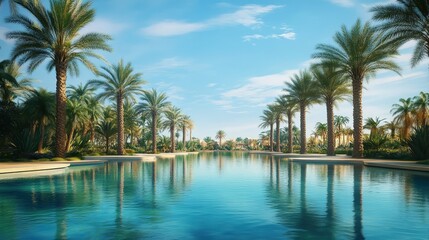 A desert oasis where sparkling water reflects the towering palm trees and endless blue sky