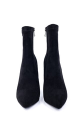 Black women's leather ankle boots with high heels made of leather, isolated on white background. Women's fashionable classic spring-autumn boots.