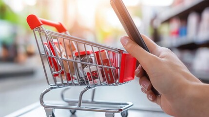 Customer scrolling through an online store on their smartphone, reviewing products and adding to the cart for purchase.