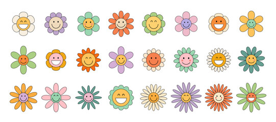 Vibrant big set of retro 70s-style cartoon flowers with happy faces. Psychedelic groove-inspired floral icons capturing the essence of hippie aesthetics. For creative and nostalgic designs