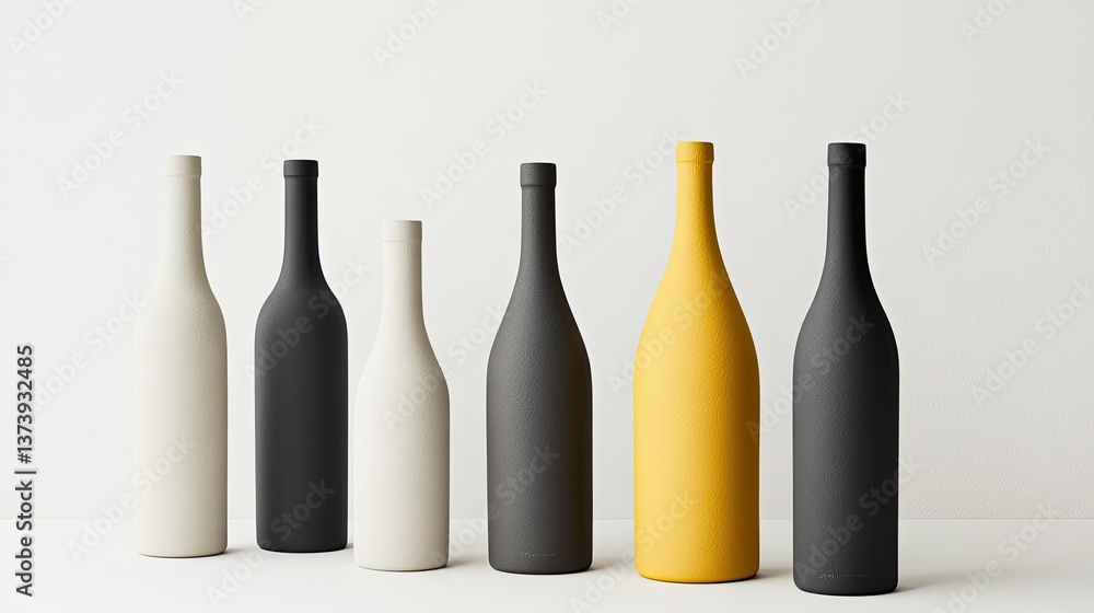 Poster minimalist display of stylish wine bottles in various colors and shapes