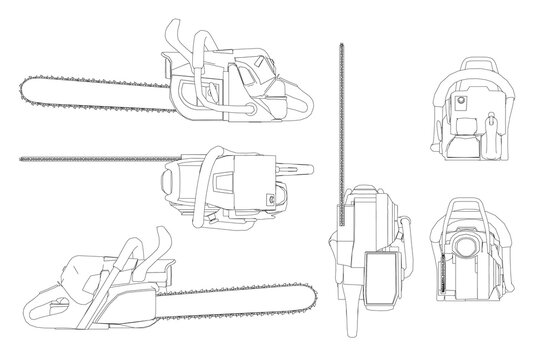 A series of drawings of a chainsaw. The drawings are all different angles and show the chainsaw from various perspectives