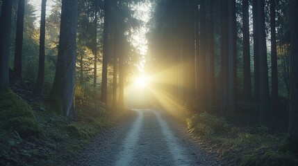 Obraz premium Serene Forest Pathway with Sunlight Breaking Through Trees