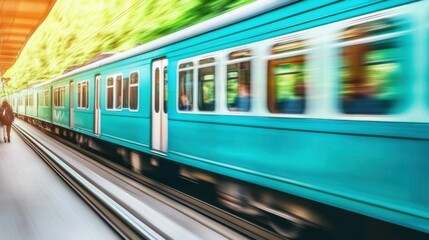 Fototapeta premium Blur of teal train moving at high speed in urban station