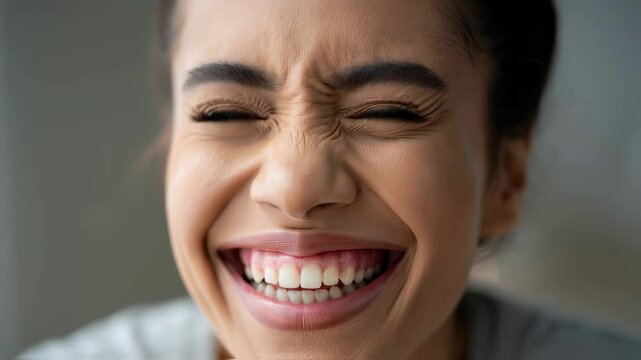 Close-up of a woman's face contorted in an intense reaction, mouth wide open, eyes tightly shut, conveying overwhelming emotion like a scream, shock or hysterical laughter for mental state concepts