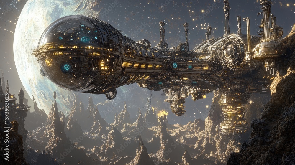 Poster detailed 3d spaceship hovering above a desolate alien planet, with intricate mechanical components