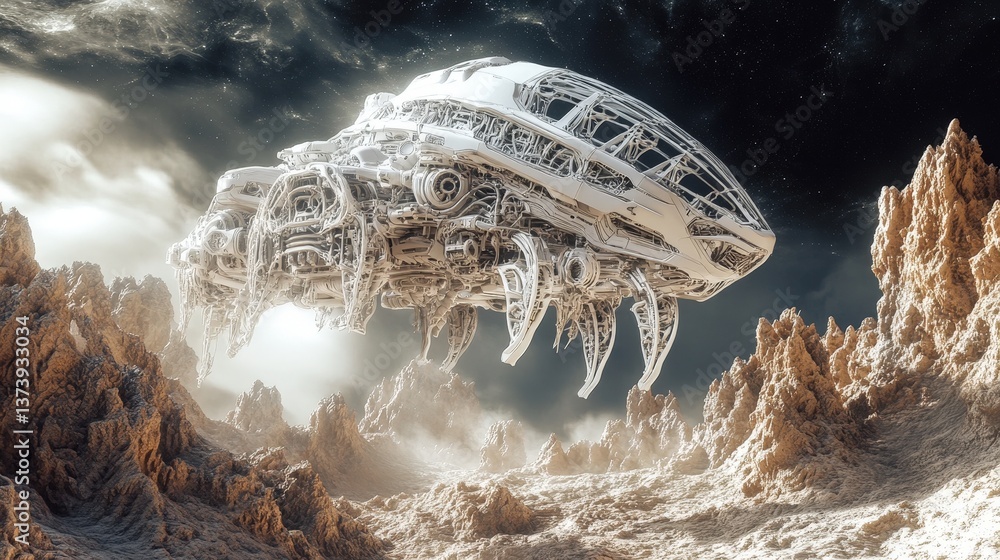 Poster detailed 3d spaceship hovering above a desolate alien planet, with intricate mechanical components
