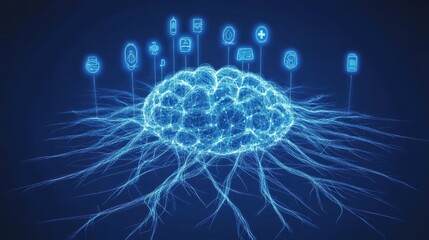 Tree roots shaped like brain neurons, glowing synapses connecting to floating medical icons 