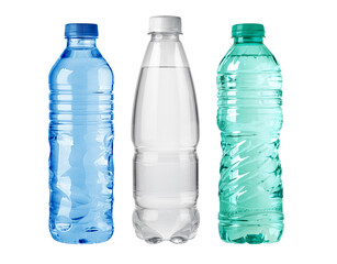 Three plastic water bottles showing different levels of fullness on white background