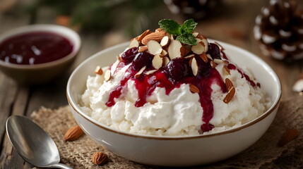 Delicious Creamy Cottage Cheese Topped Berry Jam Almonds Fresh Mint