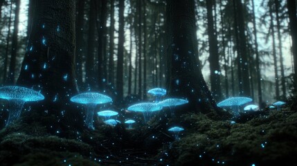 Enchanted forest with glowing mushrooms at night