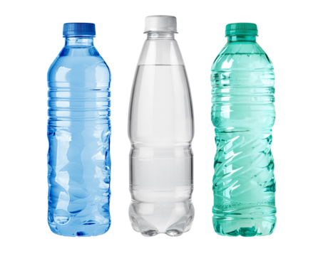 Three plastic water bottles showing different levels of fullness on white background