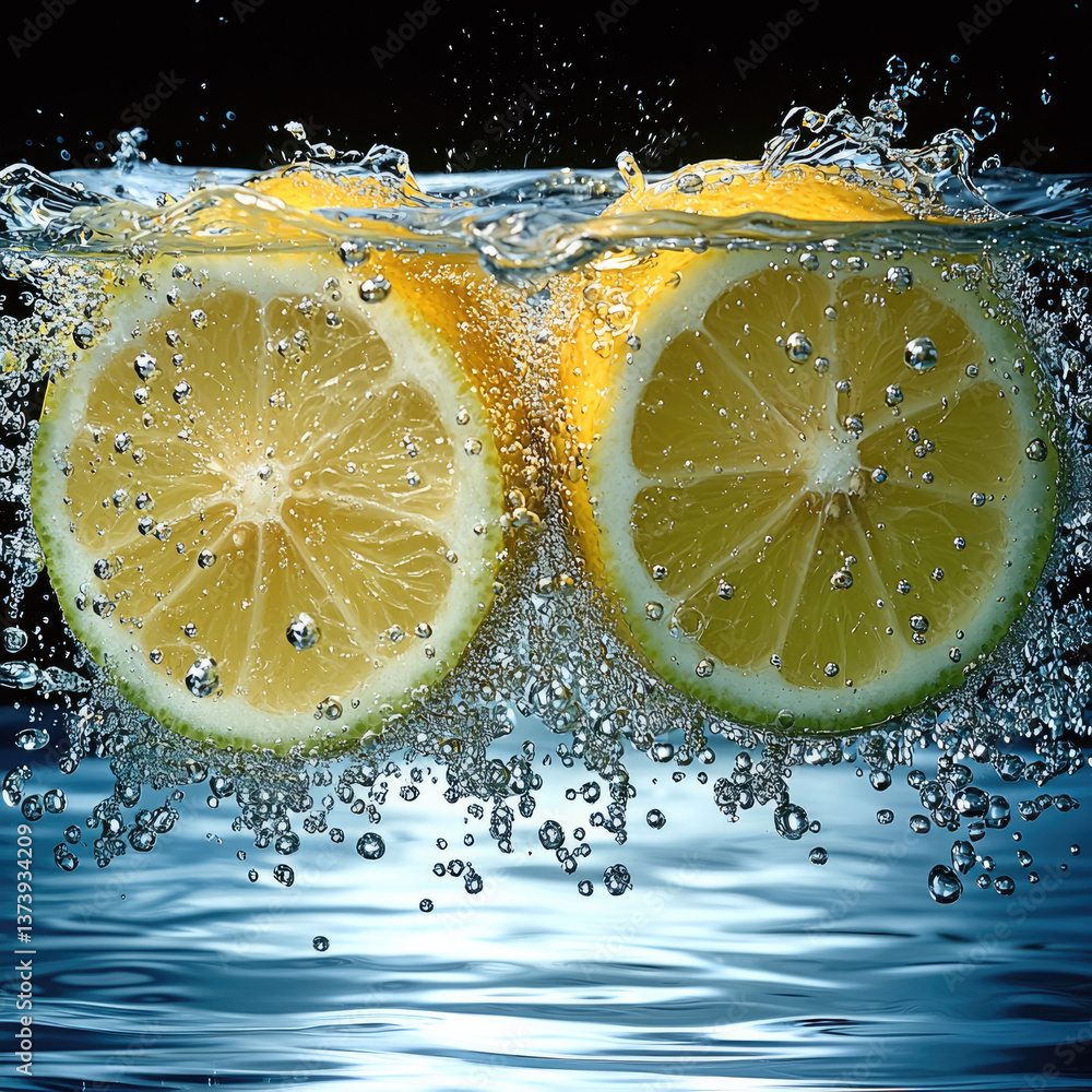 Poster Fresh lemon slices submerged in water create refreshing and vibrant scene, showcasing bright yellow color and dynamic bubbles surrounding them. image captures essence of freshness and vitality