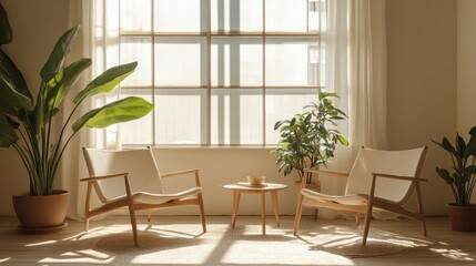 Fototapeta premium Bright and airy living space features plants and modern chairs