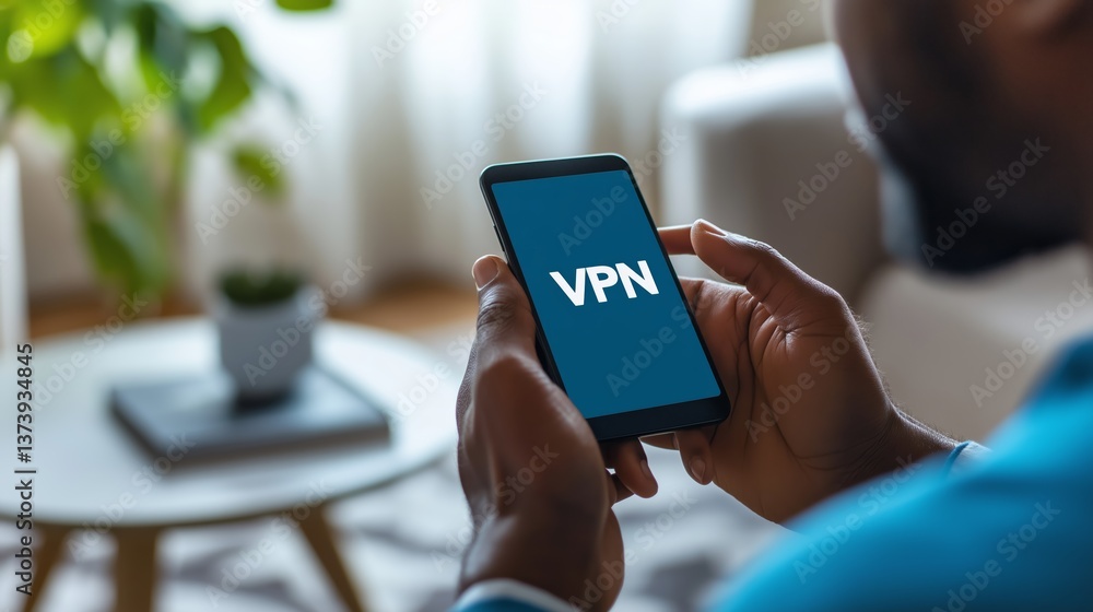 Poster Close-up of smartphone displaying VPN app in hand, illustrating secure browsing, privacy, and digital protection for mobile users, Generative AI