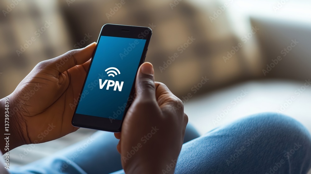 Poster Close-up of smartphone displaying VPN app in hand, illustrating secure browsing, privacy, and digital protection for mobile users, Generative AI