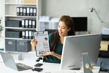 Asian businesswoman teleconference, idea presentation, planning analysis and financial statistics and investment market at office.